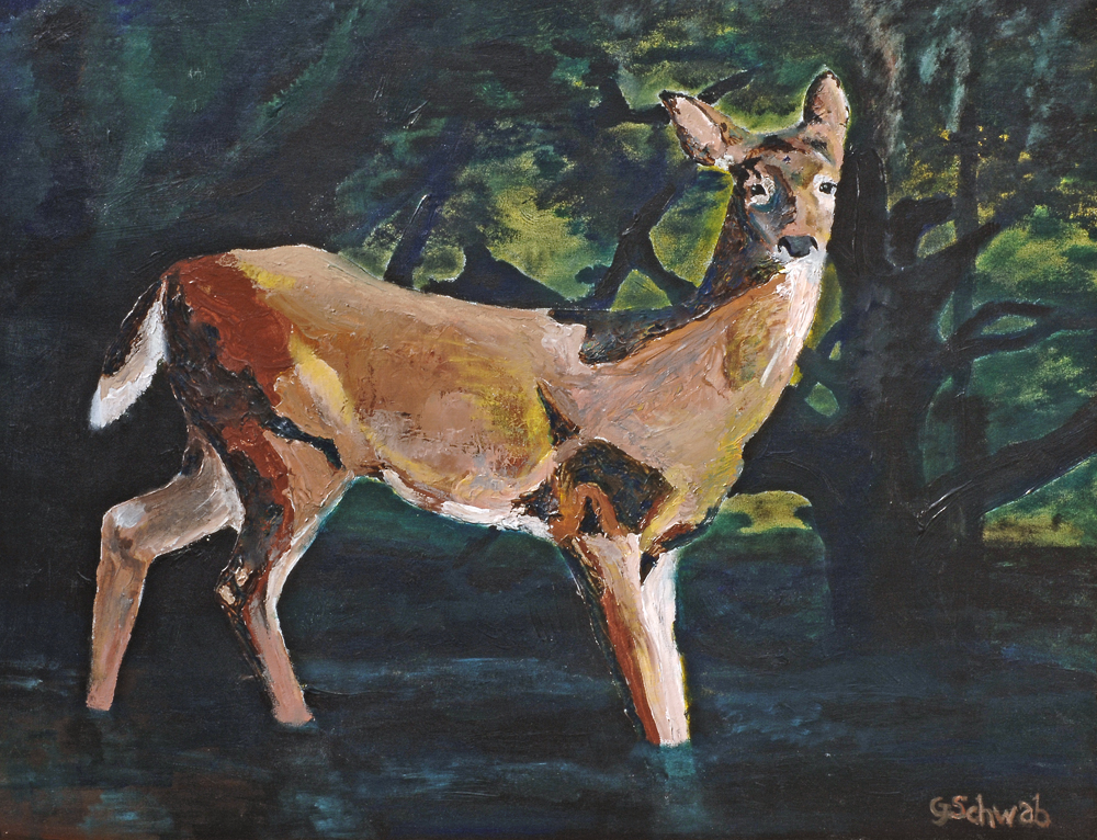 Contemplative Deer - 28x36 Acrylic on Stretched Canvas in Ornate Gold Frame (frame not shown)