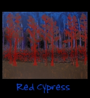 Red Cypress - 22x28 Acrylic on Stretched Canvas with Image Wrap Border - Painting by Greg Schwab